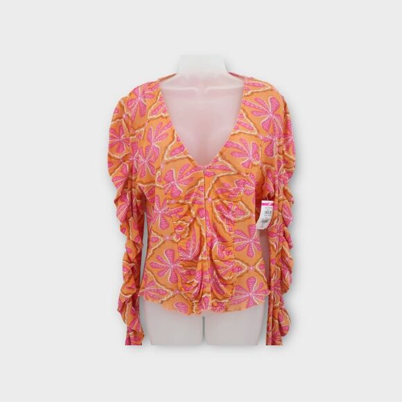Free People Through The Meadow Top Grapefruit Seltzer Size Large Orange V-Neck - Picture 6 of 10